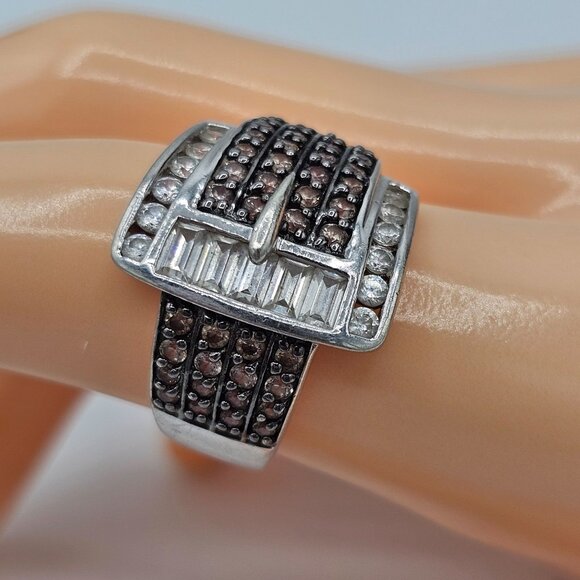 Ross Simmons Sterling Silver Buckle Ring With Black Clear CZ Stones Size 8.5 - Picture 7 of 9